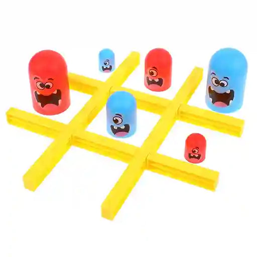 Toy game with colorful cylindrical pieces arranged in a tic-tac-toe pattern on a white background.
