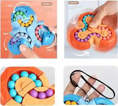 Colorful puzzle toy with beads and a keychain, shown from multiple angles.