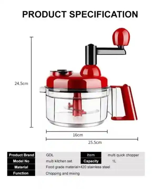 Red multi quick chopper with dimensions and specifications on a white background