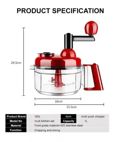Red multi quick chopper with dimensions and specifications on a white background