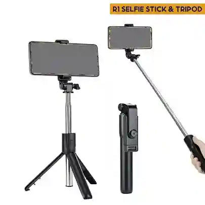 Black selfie stick and tripod with smartphone attachment on a white background