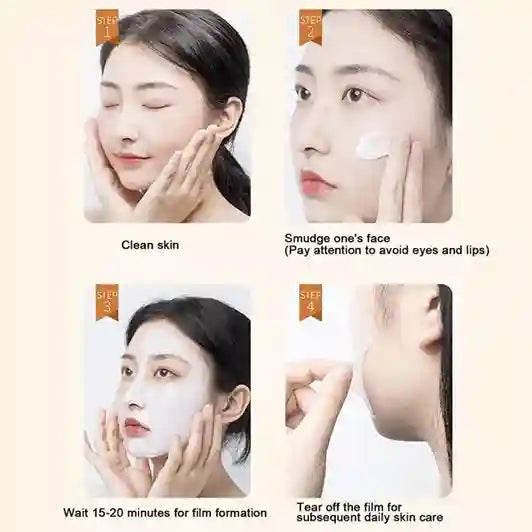 Step-by-step guide on applying a facial film with images of a woman's face.
