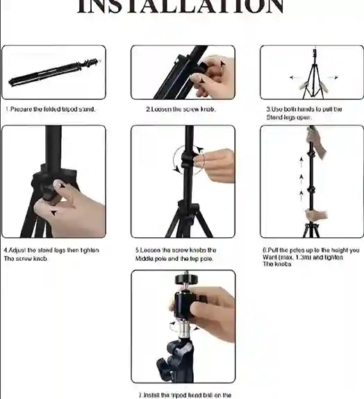 Step-by-step installation guide for a tripod with hand movements shown.