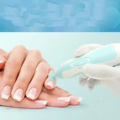 Hand applying nail polish to another hand with a blue background