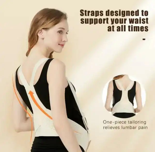 Woman wearing a back support brace with text highlighting its features on a beige background