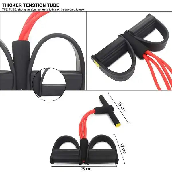 Resistance band with black handles and red cables, showing details and measurements on a white background.