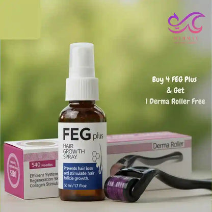 FEG Plus hair growth spray bottle with Derma Roller and boxes on a green background