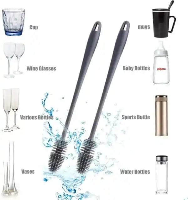 Two cleaning brushes with text labels indicating their use on various items including cups, wine glasses, mugs, baby bottles, sports bottles, water bottles, and vases.