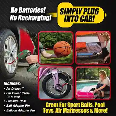 Product advertisement for an air pump kit with various uses including sports balls, pool toys, and air mattresses.