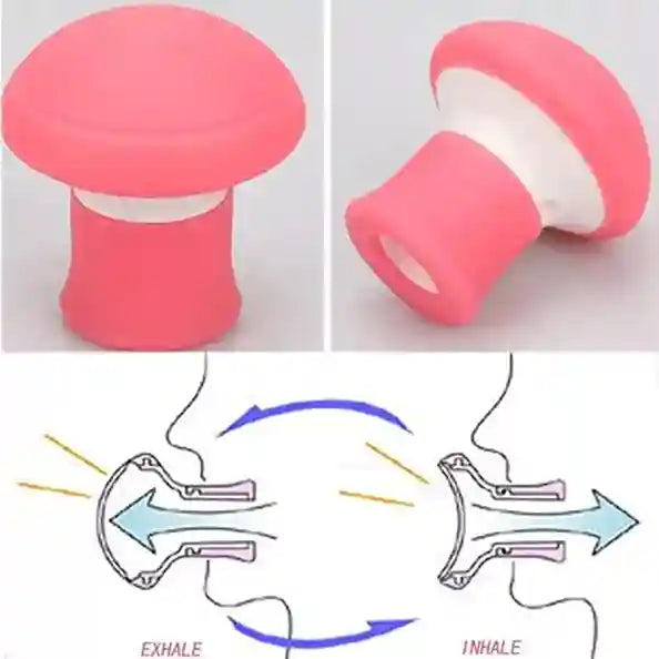 Pink silicone nose clip with inhalation and exhalation diagram on a white background