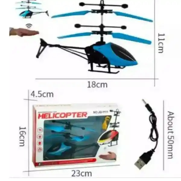 Measurement chart of a toy helicopter with dimensions and packaging details.