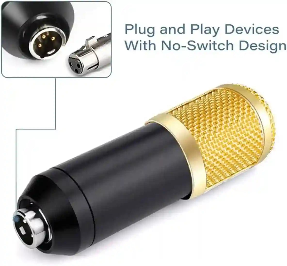 Black and gold microphone with close-up of connectors on a white background