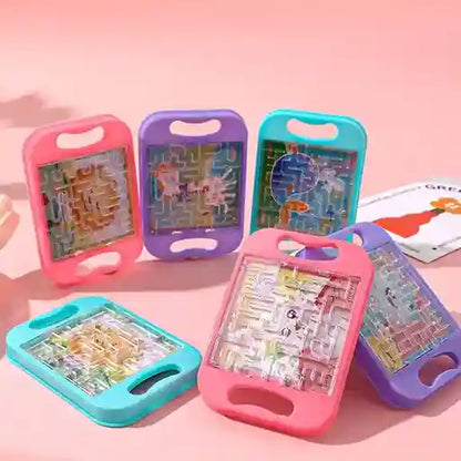 Colorful portable puzzles with handles on a pink background