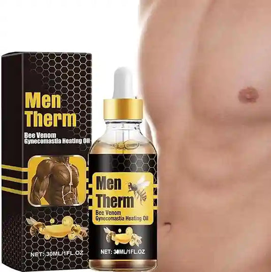 Men Therm Bee Venom Gynecomastia Heating Oil with packaging and a blurred torso background