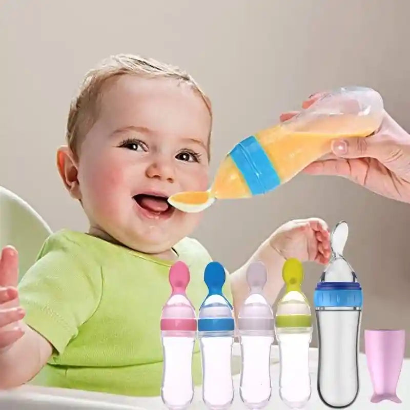 Baby being fed with a colorful bottle and multiple bottles displayed in the foreground.