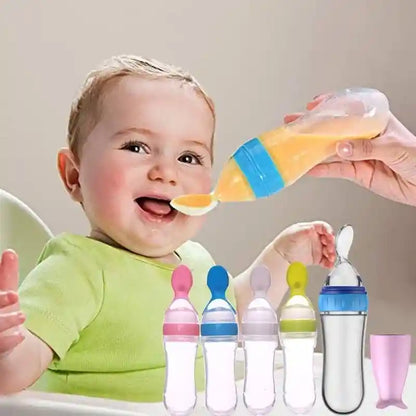 Baby being fed with a colorful bottle and multiple bottles displayed in the foreground.