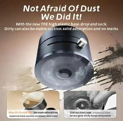 Vacuum suction cup with text highlighting its features on a brown background