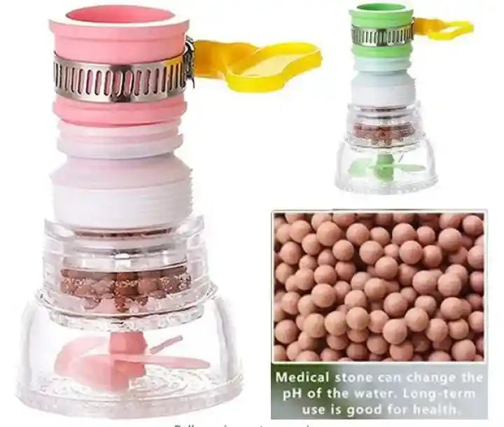 Water filter with pink and clear design, accompanied by a close-up of water beads and text about health benefits.