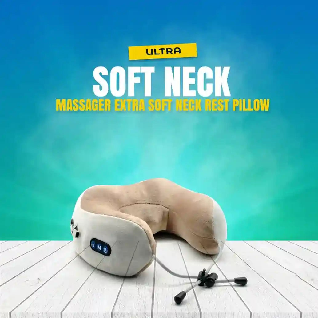 Neck massager pillow with massage head and control cable on a wooden surface against a blue gradient background.
