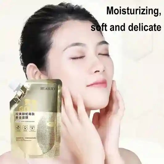 Woman applying a facial mask with a product packaging labeled 'HUASURY' on a light background.