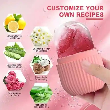 Pink skincare product with ingredients and benefits on a pink background