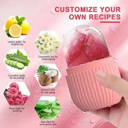 Pink skincare product with ingredients and benefits on a pink background