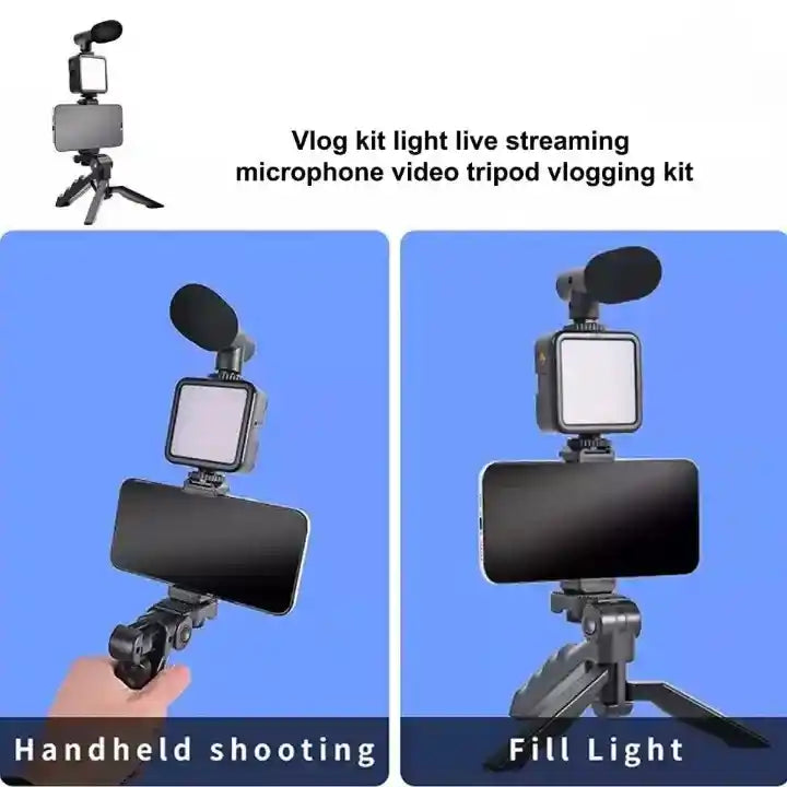 Vlog kit with light, microphone, and video tripod for live streaming and vlogging.