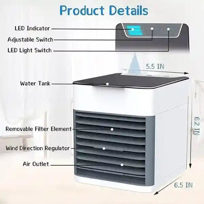 Portable air conditioner with labeled parts and dimensions on a white background