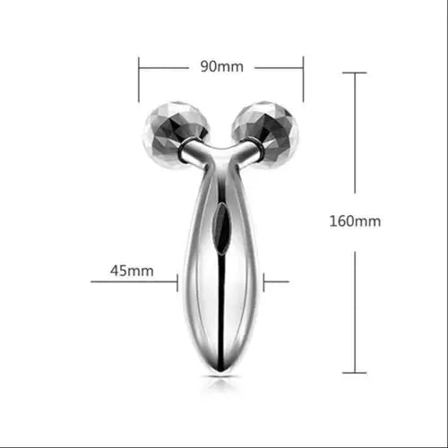 Silver facial roller with measurements on a white background