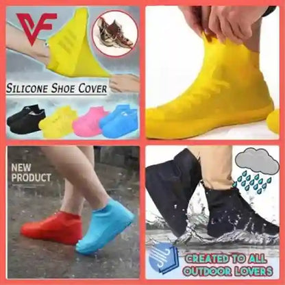 Collage of silicone shoe covers in various colors with promotional text and graphics.
