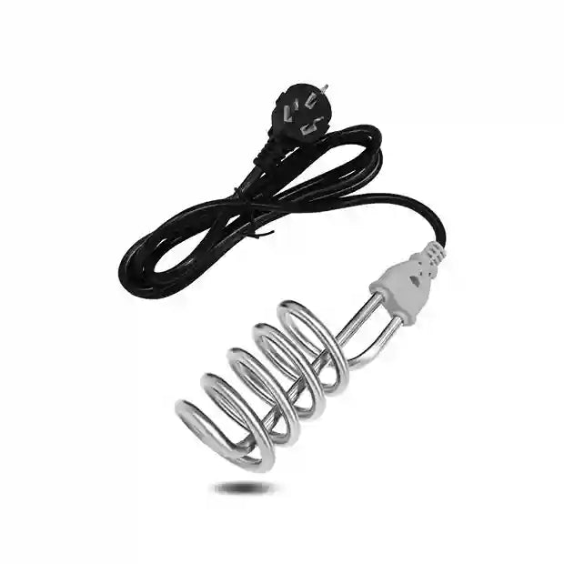 Metal heating element with coiled design and black power cord on a white background