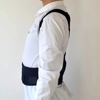 Person wearing a white shirt with black arm brace on a plain background