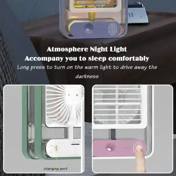 Portable night light with charging port and text describing its use.