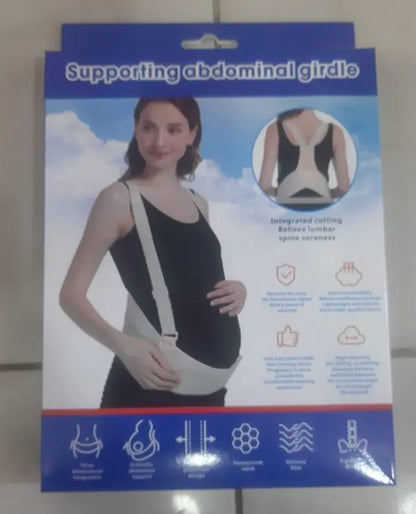 Supporting abdominal girdle packaging with a woman wearing the product on a white background