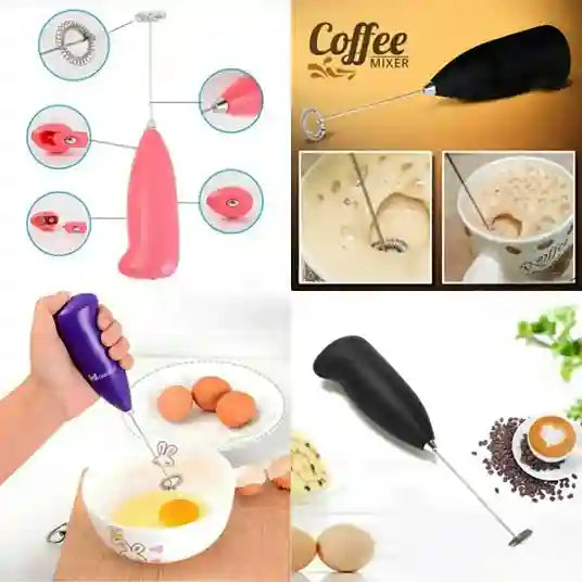 Collage of a handheld milk frother with uses including coffee, eggs, and beverages.