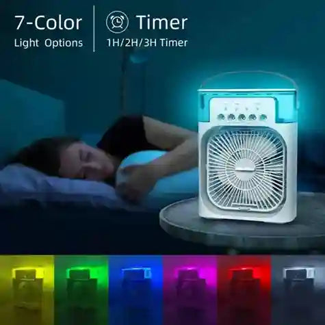 Portable fan with 7-color light options and timer features on a dark background.