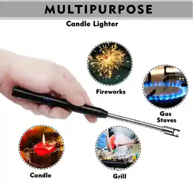 Multifunctional lighter being used for candle, fireworks, gas stove, and grill with text 'MULTIPURPOSE' at the top.