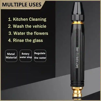 Black and gold spray nozzle with multiple uses listed on a dark background