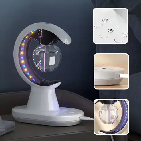 White electronic device with LED lights on a dark surface, accompanied by inset images showing different views and controls.