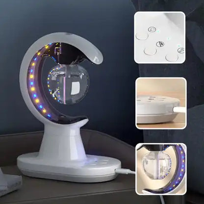 White electronic device with LED lights on a dark surface, accompanied by inset images showing different views and controls.
