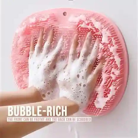 Pink scrubber with foam and text 'Bubble-Rich' on a white background