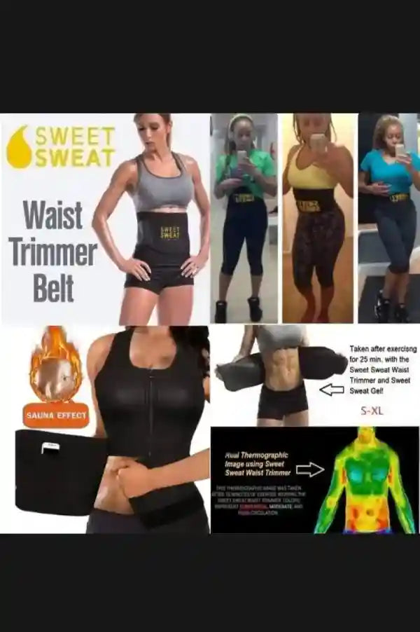 Sweet Sweat Waist Trimmer Belt with images of people wearing it and product details.