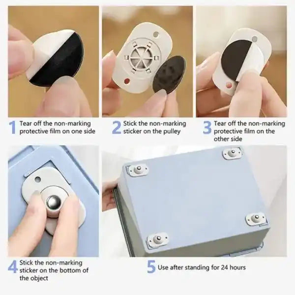 Step-by-step guide on using a device to attach a non-marking sticker on a pulley.