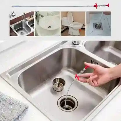 Person using a drain cleaning tool in a sink with additional images of its use in various plumbing fixtures.