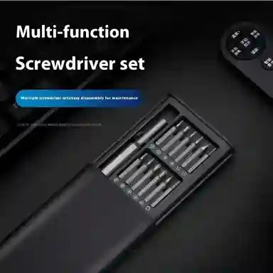 Multi-function screwdriver set with bits on a dark background