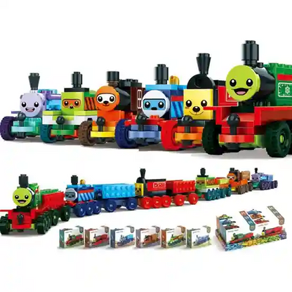 Colorful toy train set with character faces on a white background