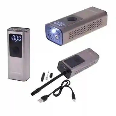 Set of electronic devices including a digital display, a rectangular device with a light, and a power adapter on a white background.