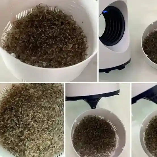 Collage of images showing a white device with a circular component, possibly an air purifier, on a white background.