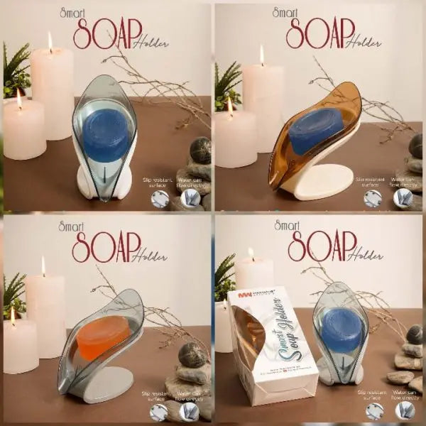 Smart soap holder with candles and decorative elements on a wooden surface.