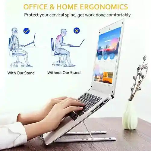 Laptop on an adjustable stand with ergonomic illustrations showing proper and improper sitting positions.